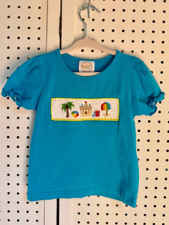 Smocked Polkadot Other - Smocked Polkadot 24M Bright Blue Sandcastle Beach Smocked Short Sleeve Top / Tee